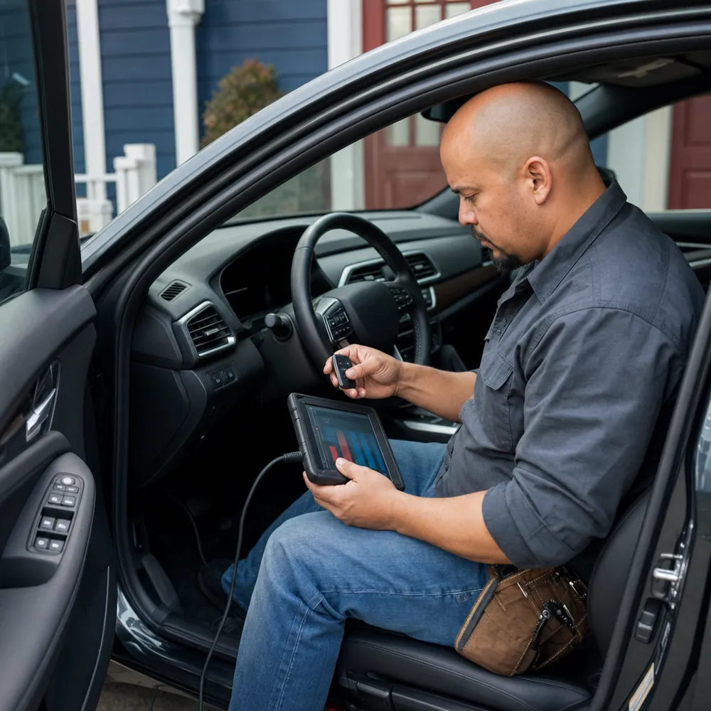 A locksmith sitting in the driver's seat of a car with the door open, programming a replacement key
