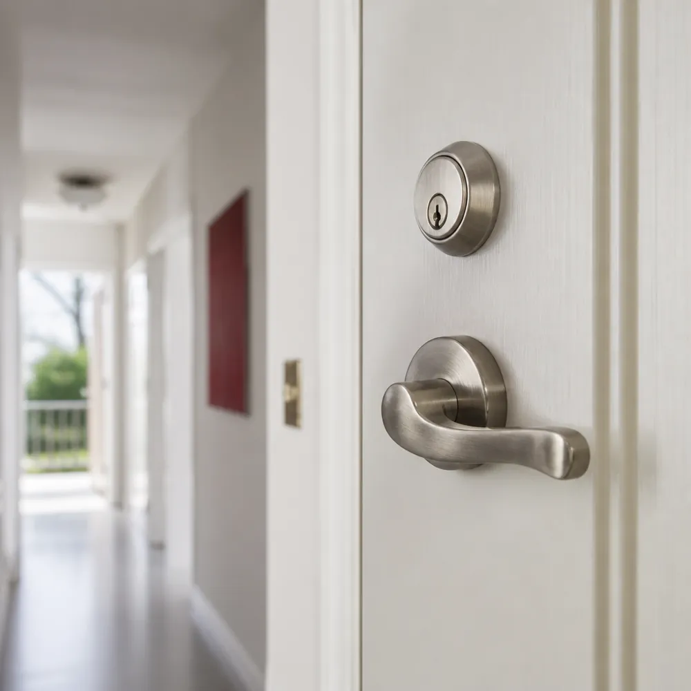 A lever handle on an apartment door in a corridor